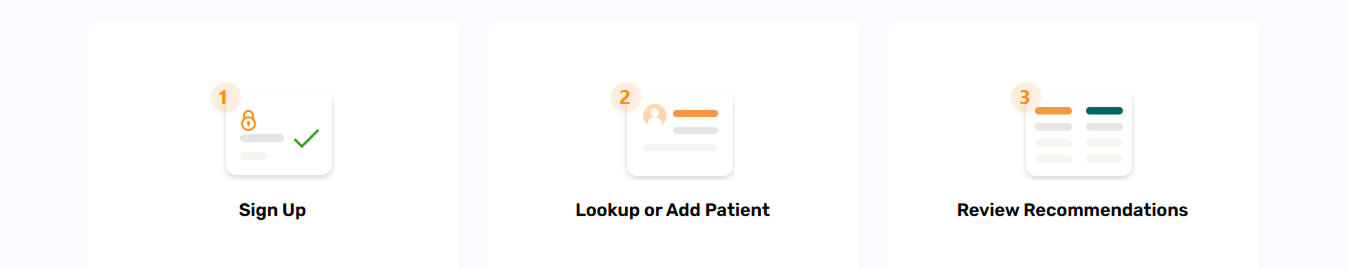 How It Works — Sign Up, Lookup Patient, Review Recommendations