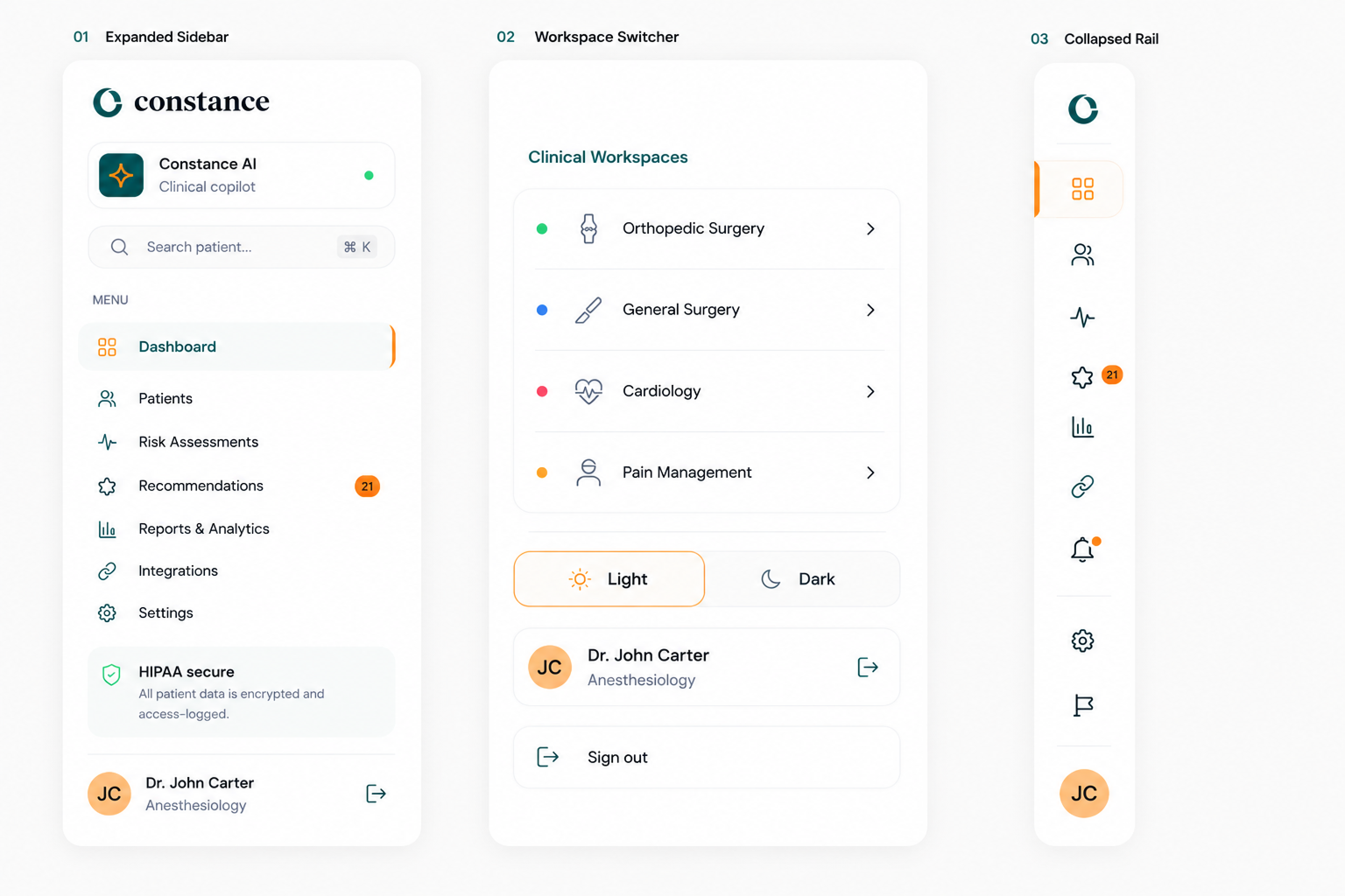 Navigation — Expanded Sidebar, Workspace Switcher, Collapsed Rail